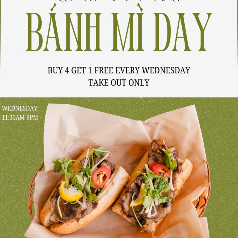 Two Lantern House Kitchen & Bar banh mi sandwiches with grilled meat, cilantro, and chili in a basket.