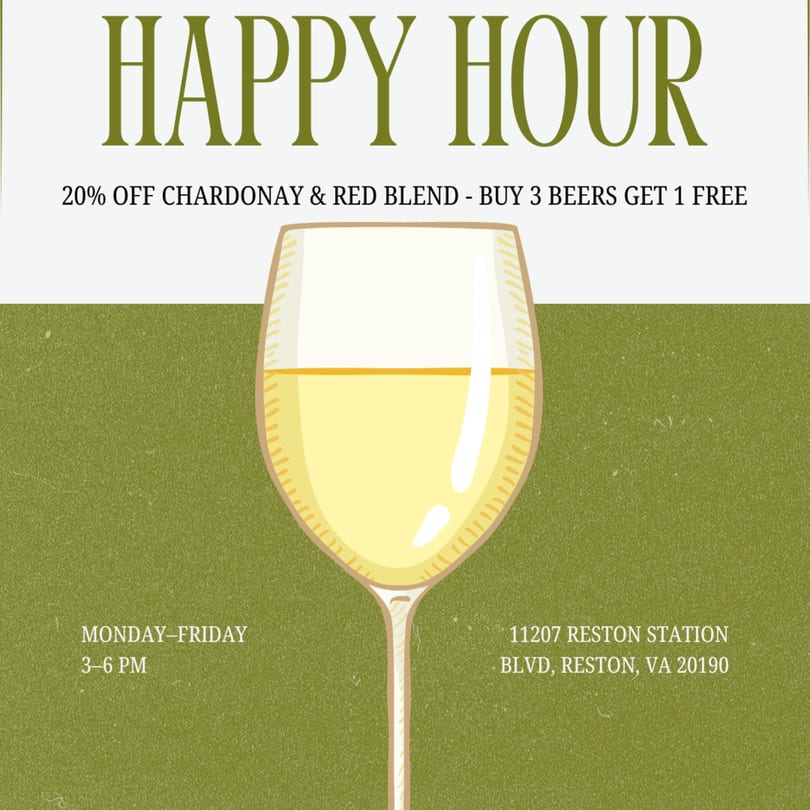 Happy Hour advertisement with a wine glass illustration and text details on a green and white background.