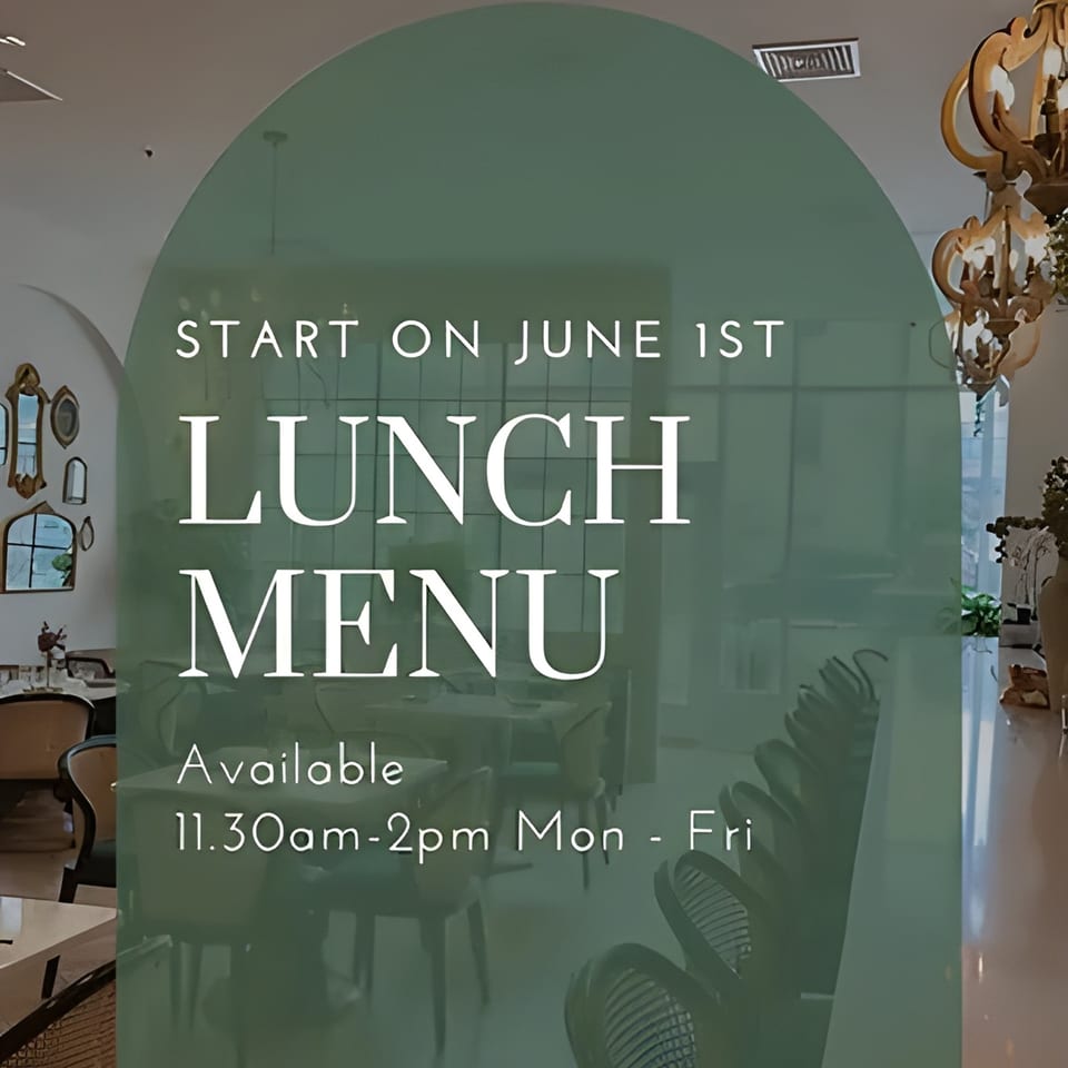 Lantern House Kitchen & Bar's lunch menu announcement over a blurred restaurant interior.