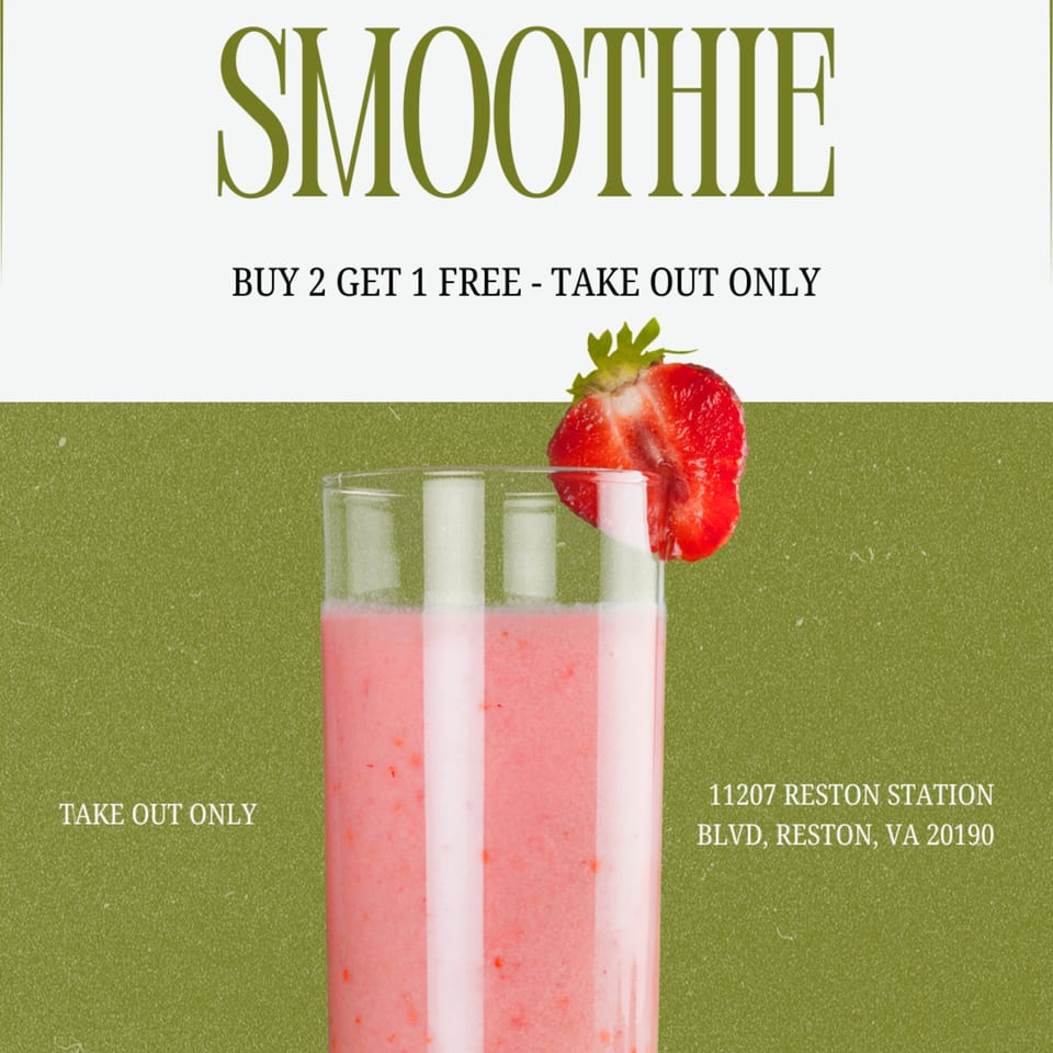 A strawberry smoothie in a glass with a strawberry garnish, advertising a "Buy 2 Get 1 Free" deal.