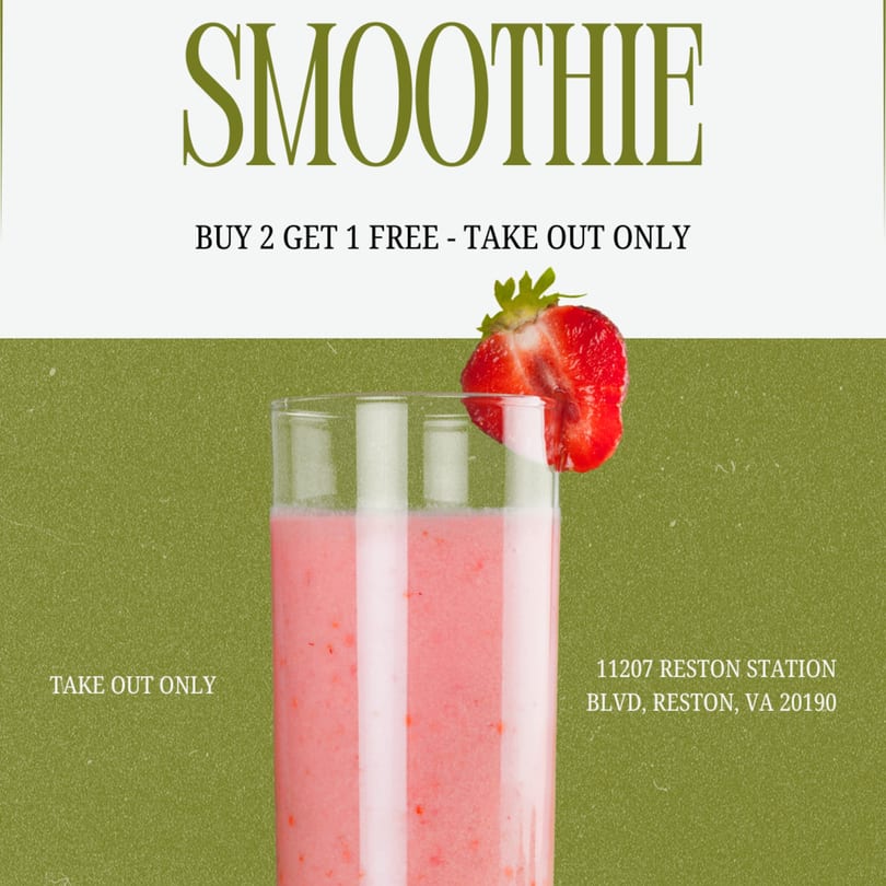A strawberry smoothie in a glass with a strawberry garnish, advertising a "Buy 2 Get 1 Free" deal.