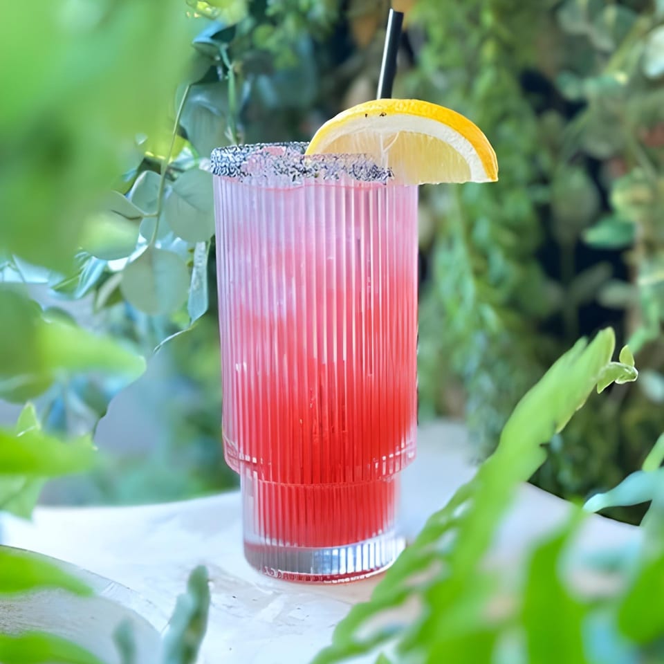 A vibrant red cocktail in a ribbed glass, garnished with a lemon slice and a dark rim.
